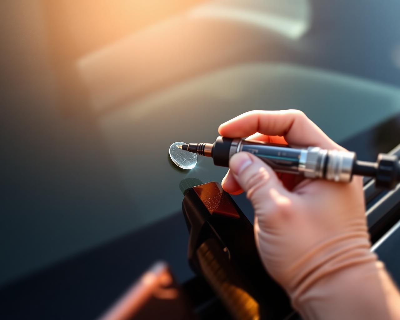 Resin injection tool repairing a windshield chip
