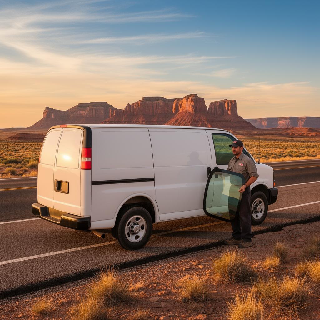 Mobile auto glass service van on a West Texas roadside at sunset