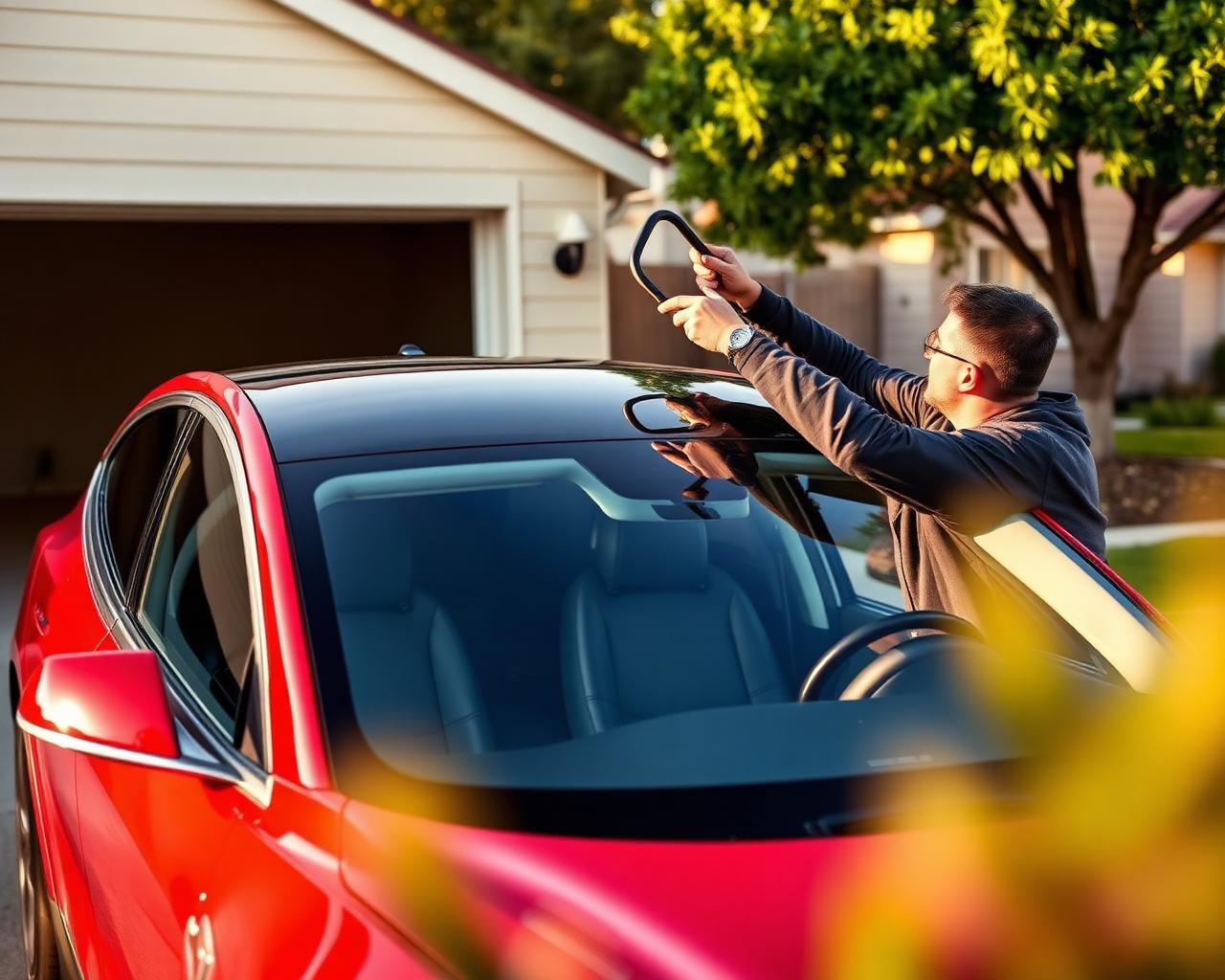 Technician lifting a new windshield onto a red Tesla in a driveway