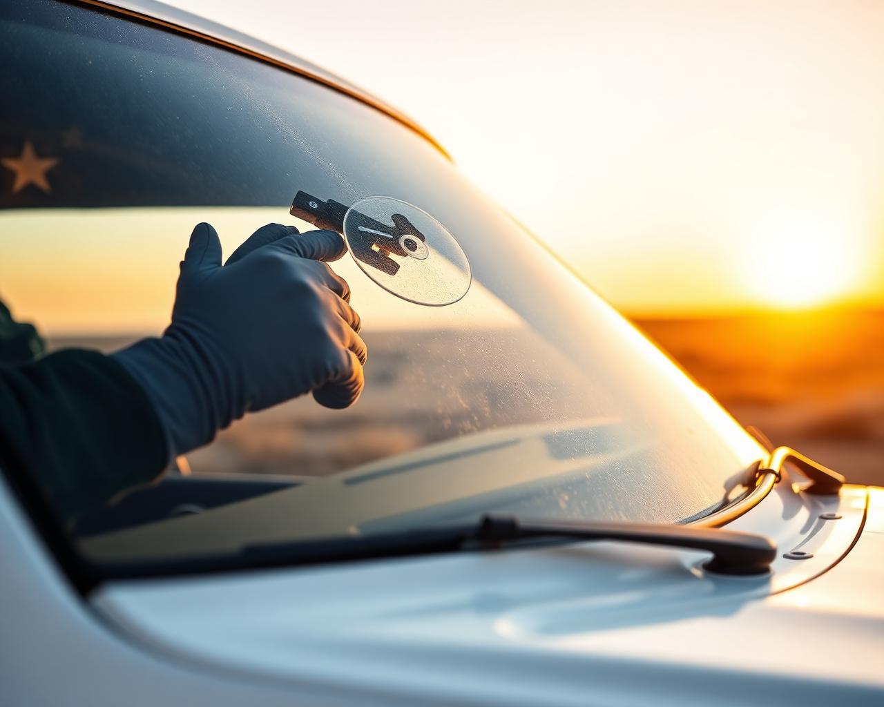 Technician installing windshield on a white pickup at sunset